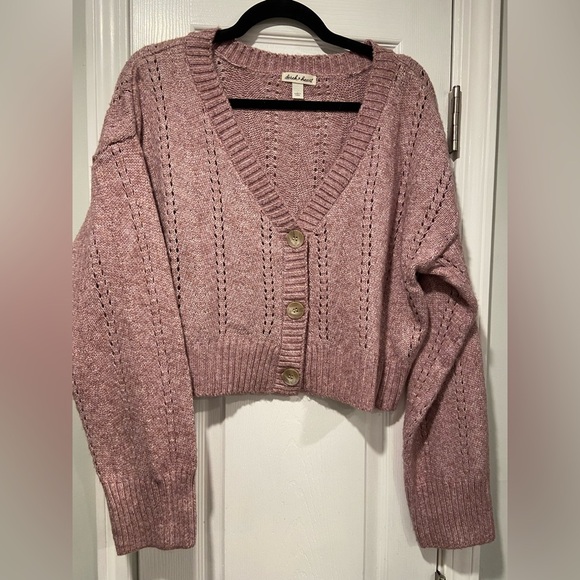 NWT Derek Heart Size L Oversized Cropped V Neck Pointelle Cardigan Lilac Purple - Picture 1 of 12
